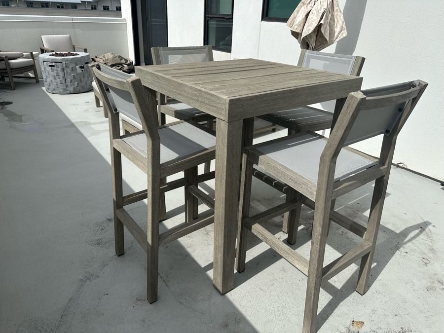 West Elm Portside Outdoor Bar Table 35 X 35 X 30H With Four Bar Stools Retails $2,088