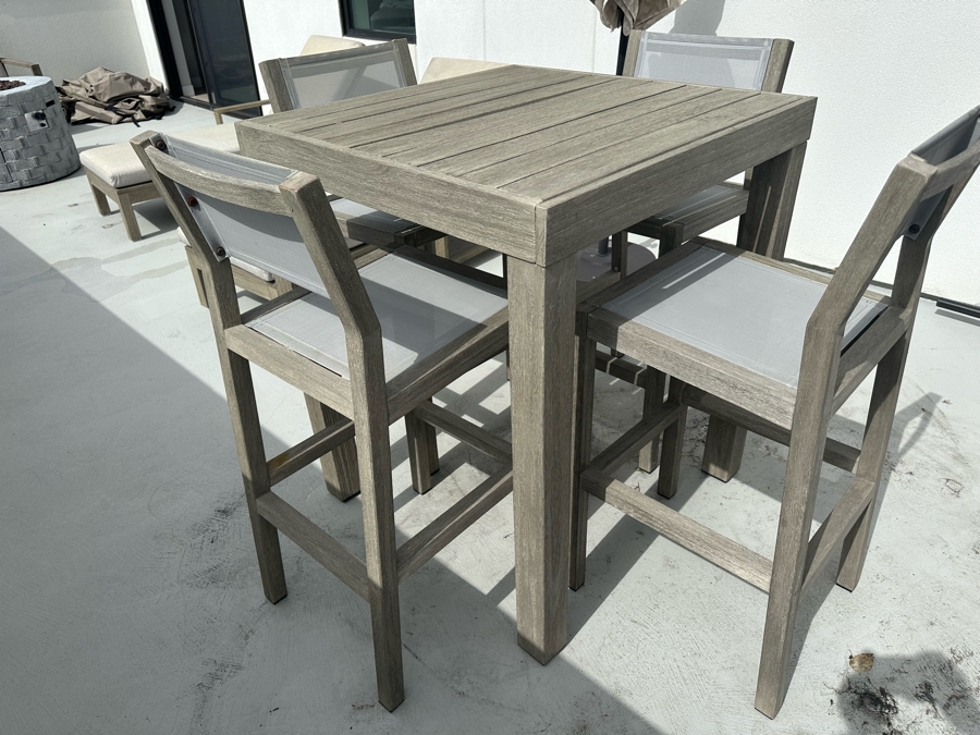 West Elm Portside Outdoor Bar Table 35 X 35 X 30H With Four Bar Stools Retails $2,088 [Photo 5]