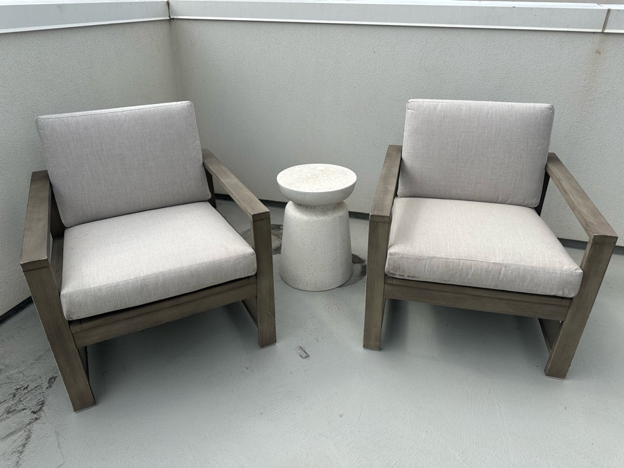 Two Pottery Barn Armchairs 27.5W X 30D X 30H Retails $587 Plus Modern White Resin Side Table