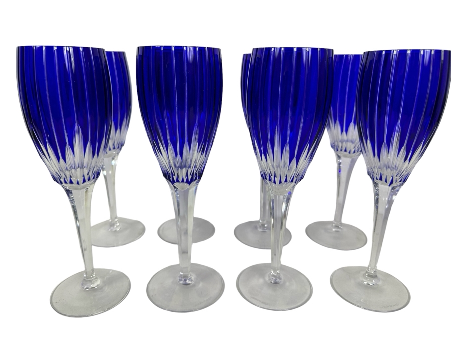 Blue Cut Crystal Stemware Glasses Ajka Design Guild, 8 Glasses 9.5H