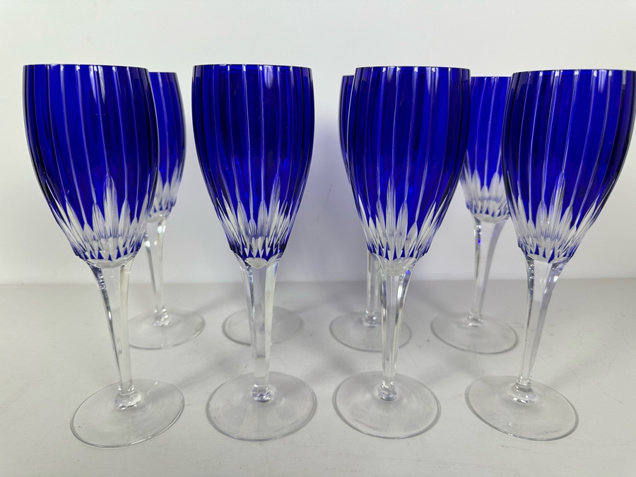 Blue Cut Crystal Stemware Glasses Ajka Design Guild, 8 Glasses 9.5H [Photo 2]