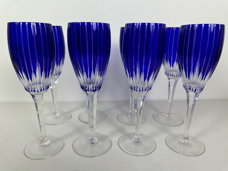 Blue Cut Crystal Stemware Glasses Ajka Design Guild, 8 Glasses 9.5H [Photo 3]