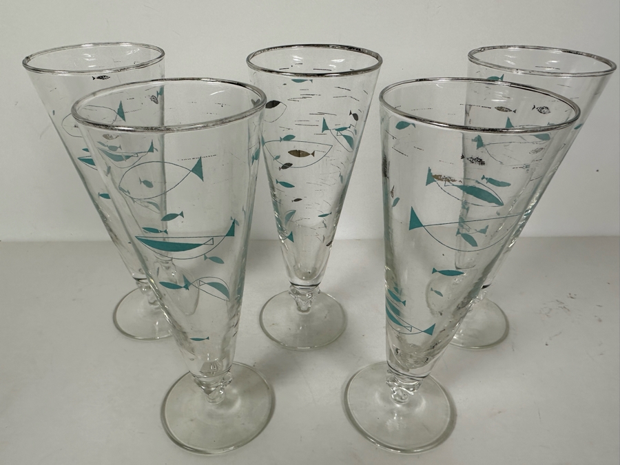 Five Vintage Libby Atomic Age Fish Pilsner Glasses 8H [Photo 6]