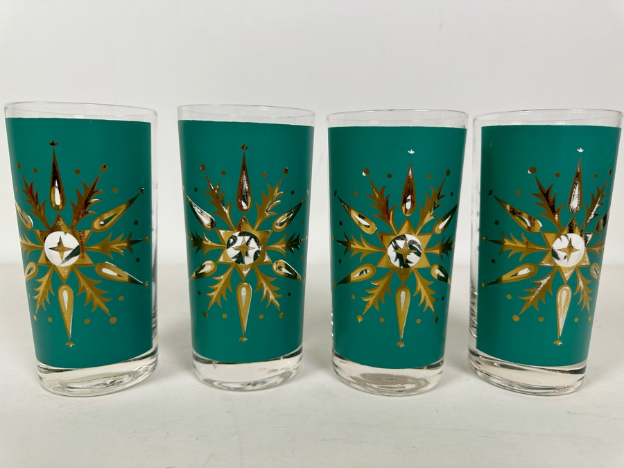 (4) Vintage Helen Conroy Snowflake Gold And Turquoise Highball Drinking Glasses 5.5H [Photo 2]