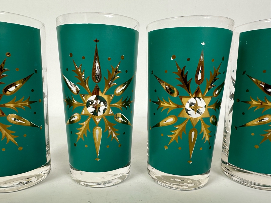 (4) Vintage Helen Conroy Snowflake Gold And Turquoise Highball Drinking Glasses 5.5H [Photo 4]