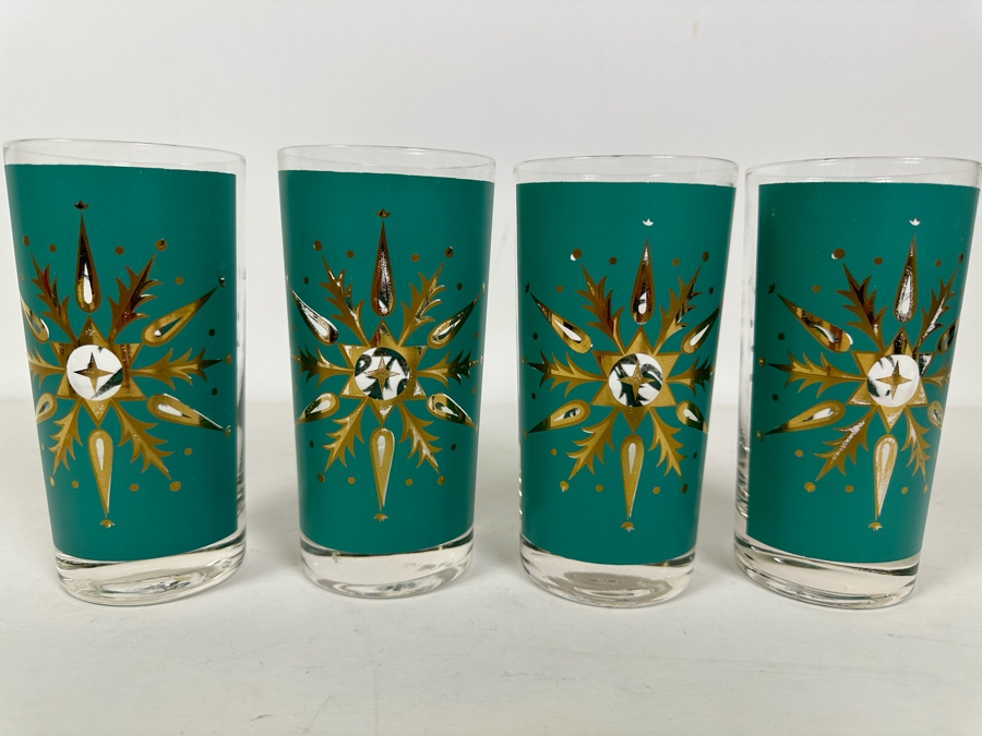 (4) Vintage Helen Conroy Snowflake Gold And Turquoise Highball Drinking Glasses 5.5H [Photo 3]