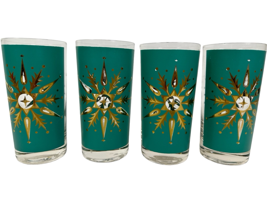 (4) Vintage Helen Conroy Snowflake Gold And Turquoise Highball Drinking Glasses 5.5H
