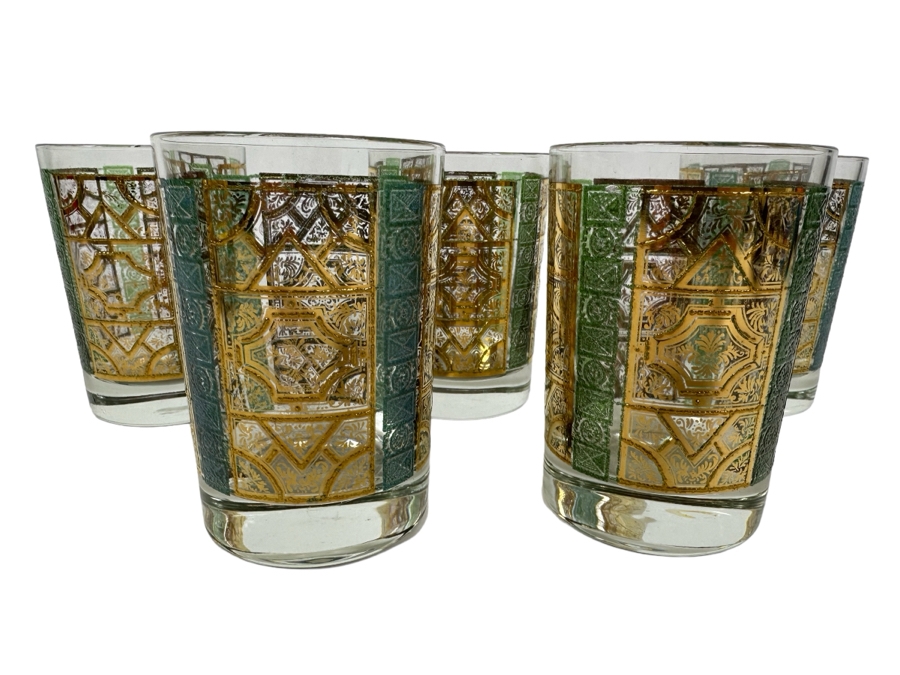 (5) Vintage Green & Gold Glasses 4.5H