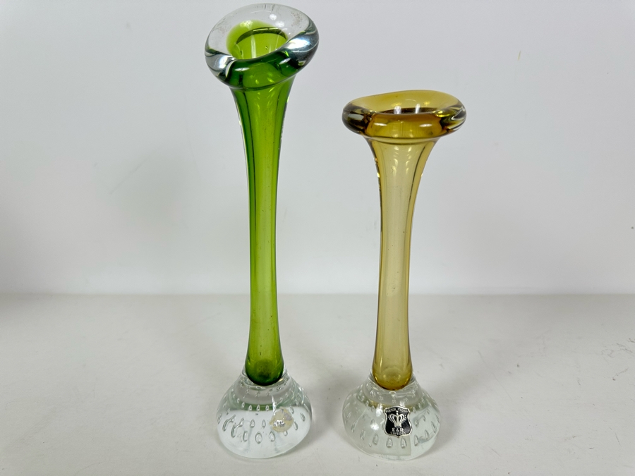 Pair Of Swedish E&R Golden Crown Art Glass Bud Vases 8H & 10H [Photo 2]
