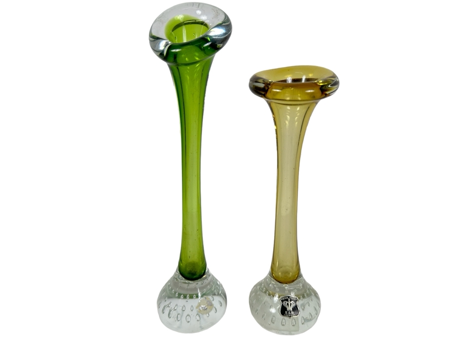 Pair Of Swedish E&R Golden Crown Art Glass Bud Vases 8H & 10H