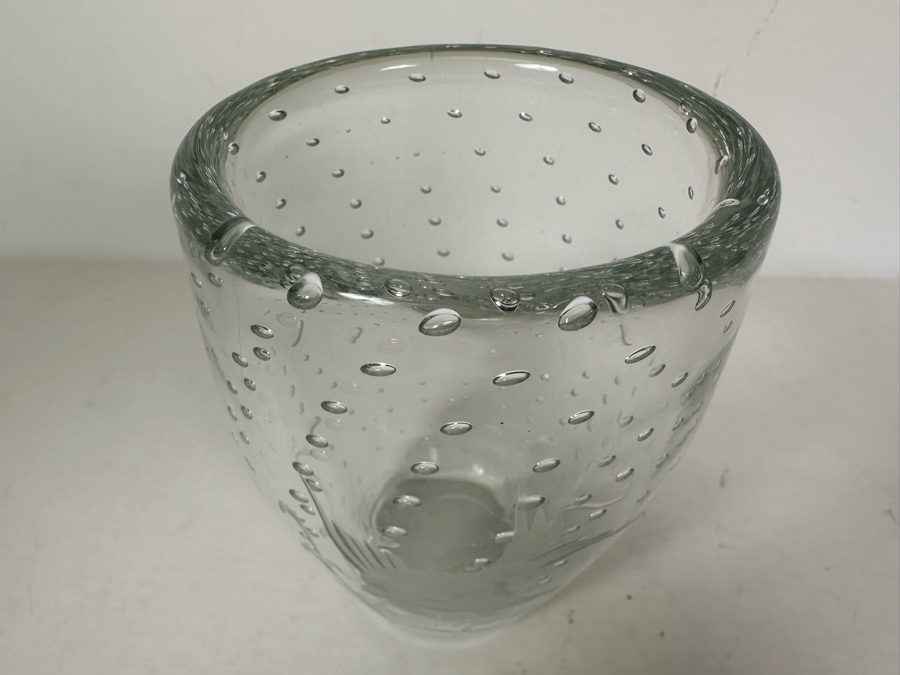 Vintage MCM Johansfors Sweden Bubble Etched Fish Crystal Art Glass Vase 5'H [Photo 6]