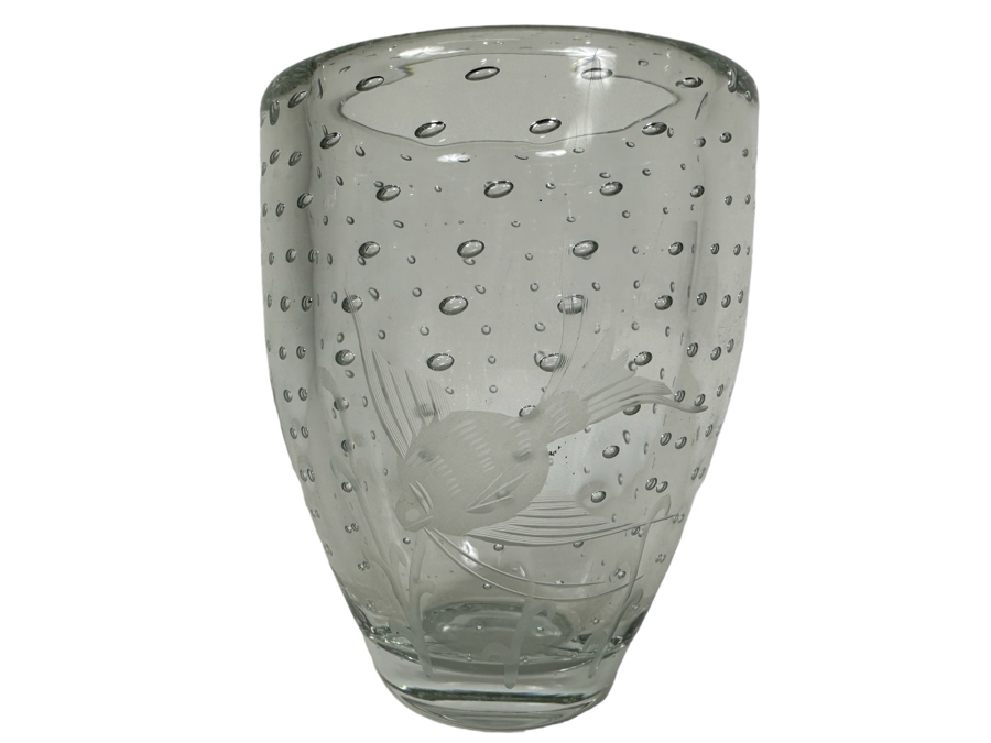 Vintage MCM Johansfors Sweden Bubble Etched Fish Crystal Art Glass Vase 5'H [Photo 1]