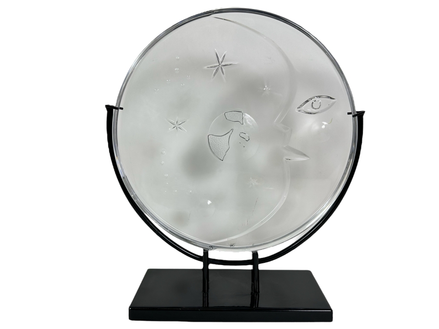 Vintage Signed Orrefors Sweden Martti Rytkonen Glass Sculpture Earth, Moon & Stars With Black Metal Stand 13'W X 15'H