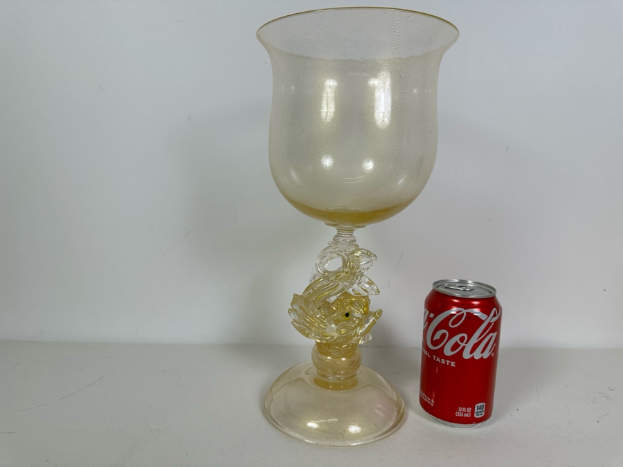 Large Salviati Venetian Murano Glass Gold Fleck Dolphin Goblet Vase Bowl 13'H [Photo 9]