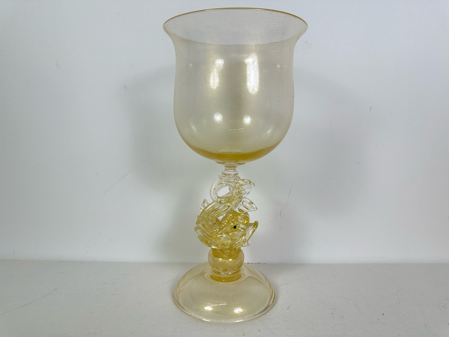 Large Salviati Venetian Murano Glass Gold Fleck Dolphin Goblet Vase Bowl 13'H [Photo 3]