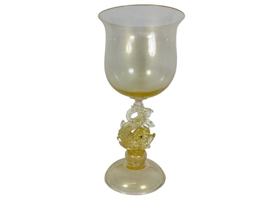 Large Salviati Venetian Murano Glass Gold Fleck Dolphin Goblet Vase Bowl 13'H [Photo 2]