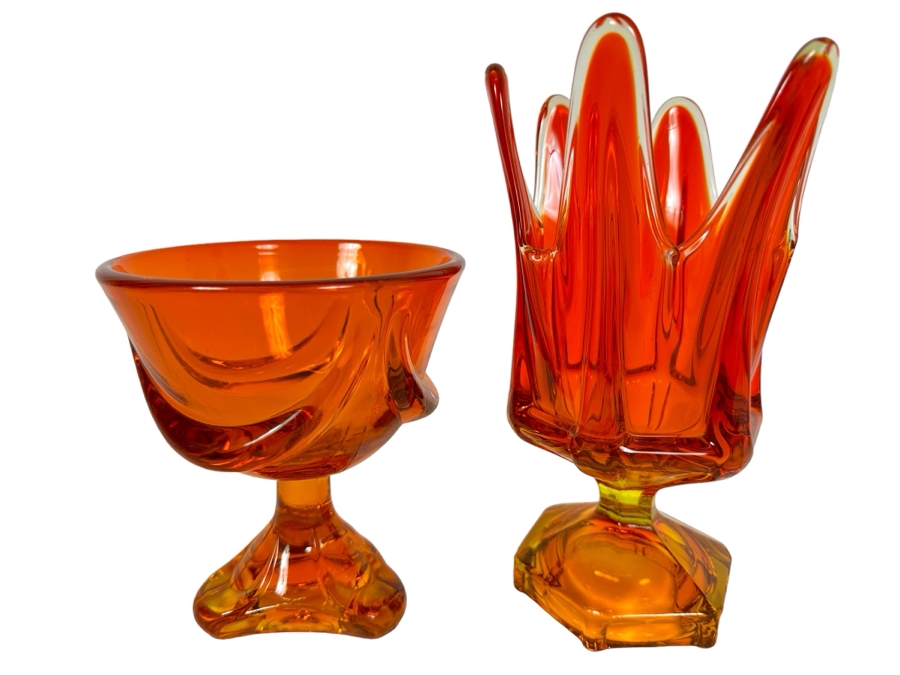 Vintage Viking Glass Swung Vase 9.5'H (R) And Vintage Viking Glass Footed Bowl 6H