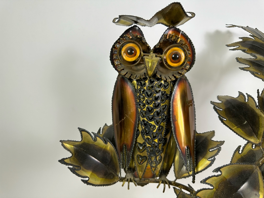 Impressive Handmade Metal Owl On A Branch Sculpture With Agate Base 21'W X 20'H [Photo 3]
