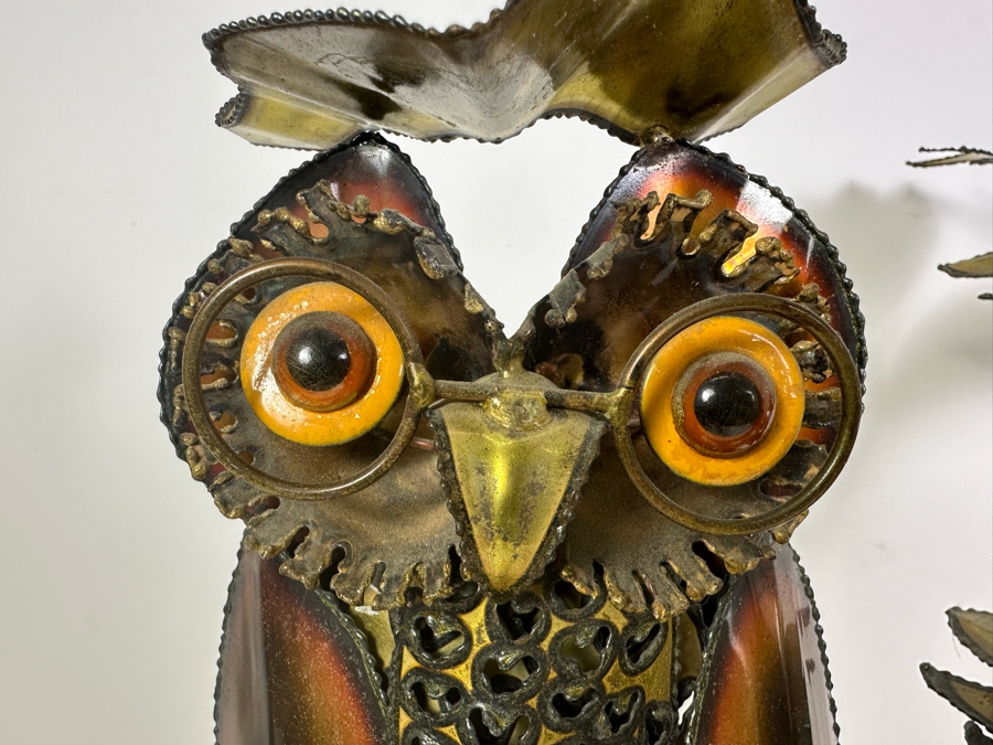 Impressive Handmade Metal Owl On A Branch Sculpture With Agate Base 21'W X 20'H [Photo 4]