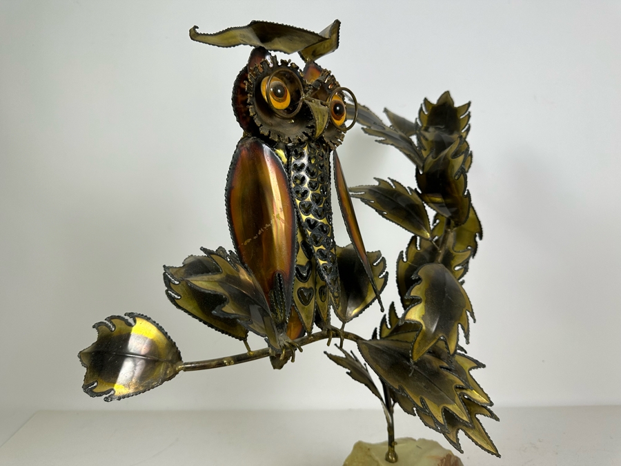 Impressive Handmade Metal Owl On A Branch Sculpture With Agate Base 21'W X 20'H [Photo 5]