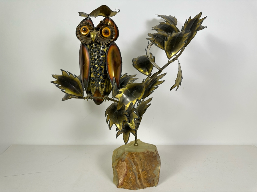 Impressive Handmade Metal Owl On A Branch Sculpture With Agate Base 21'W X 20'H [Photo 2]