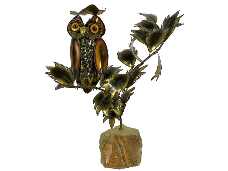 Impressive Handmade Metal Owl On A Branch Sculpture With Agate Base 21'W X 20'H