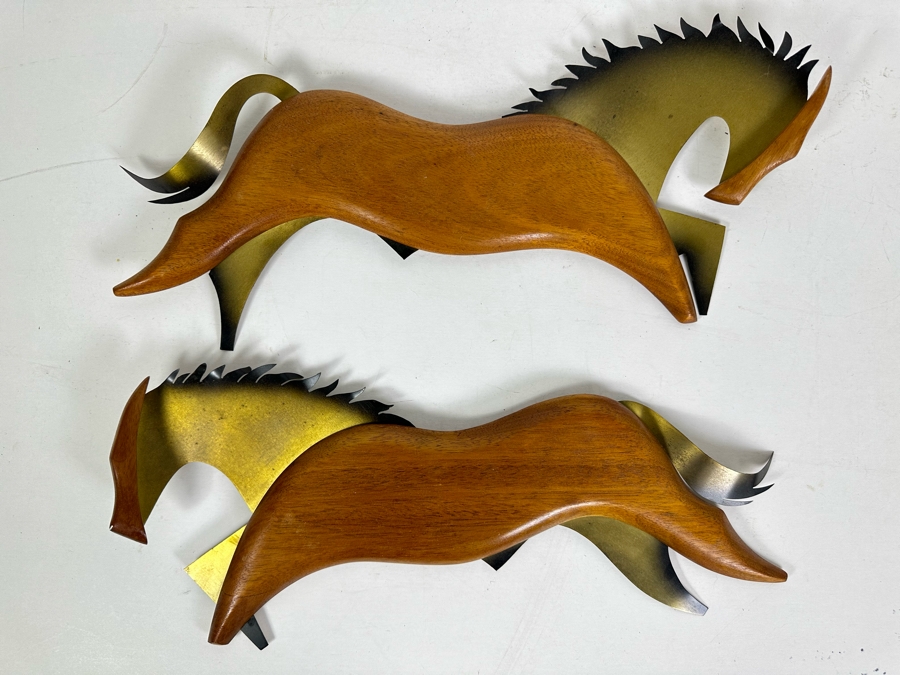 Pair Of Vintage MCM Wood & Brass Sculptural Horses Wall Decor 19'W X 8'H [Photo 2]