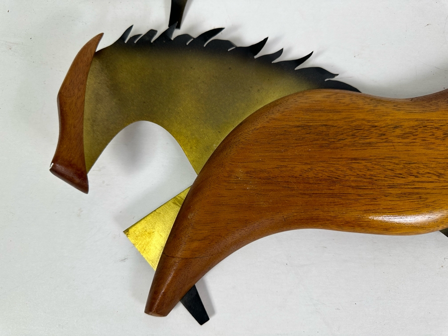 Pair Of Vintage MCM Wood & Brass Sculptural Horses Wall Decor 19'W X 8'H [Photo 3]