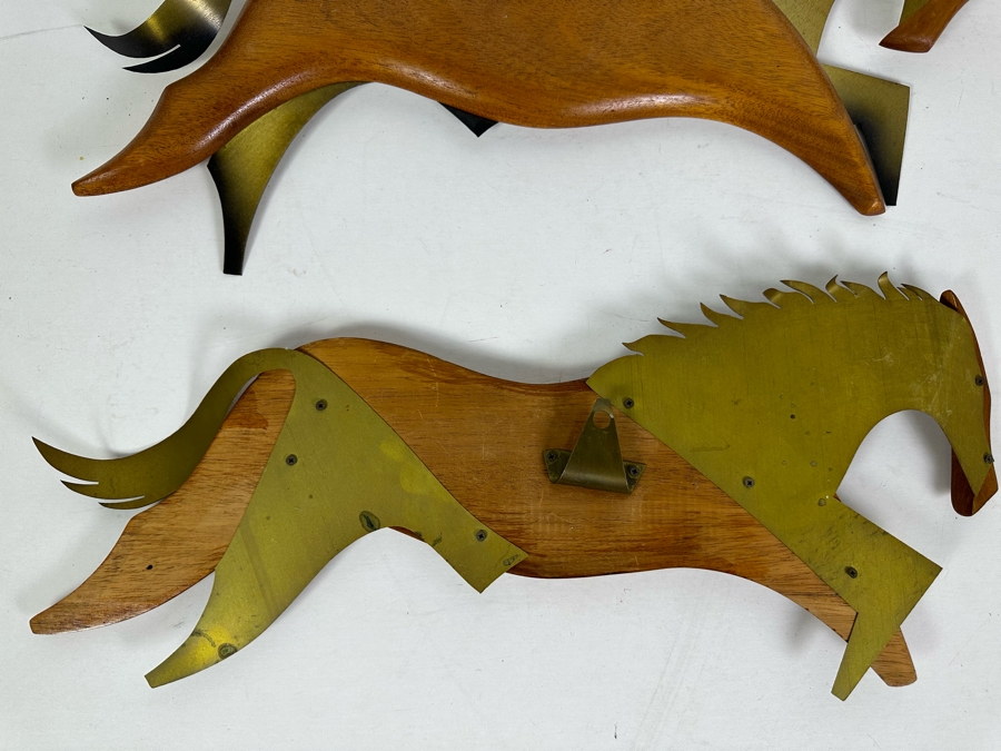 Pair Of Vintage MCM Wood & Brass Sculptural Horses Wall Decor 19'W X 8'H [Photo 5]