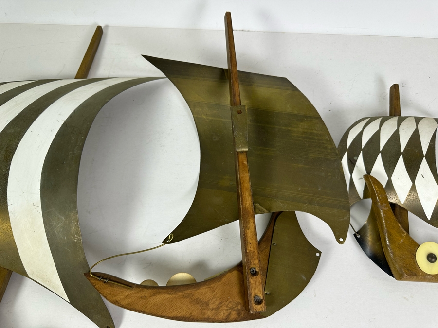 Set Of Three Vintage MCM Wood & Brass Sculptural Sailing Ships Wall Decor Largest Measures 17'W X 22'H [Photo 6]