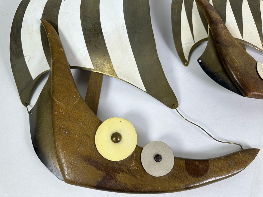 Set Of Three Vintage MCM Wood & Brass Sculptural Sailing Ships Wall Decor Largest Measures 17'W X 22'H [Photo 2]