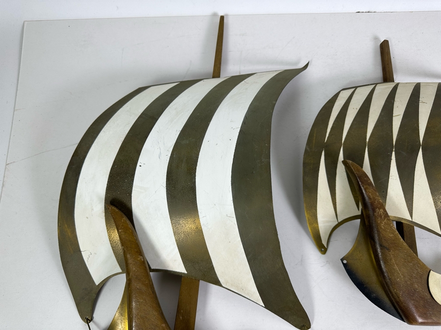 Set Of Three Vintage MCM Wood & Brass Sculptural Sailing Ships Wall Decor Largest Measures 17'W X 22'H [Photo 3]