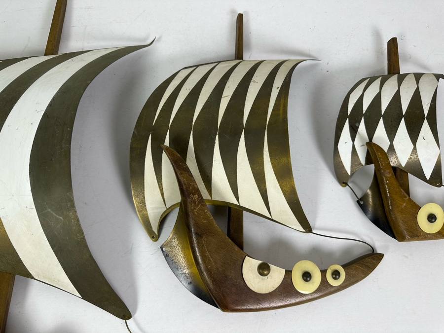 Set Of Three Vintage MCM Wood & Brass Sculptural Sailing Ships Wall Decor Largest Measures 17'W X 22'H [Photo 4]