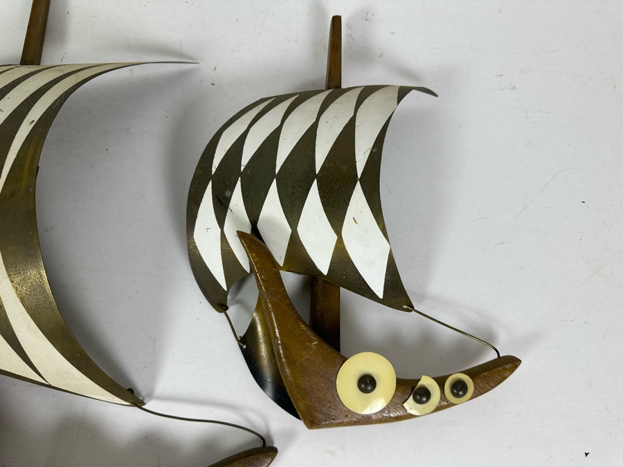 Set Of Three Vintage MCM Wood & Brass Sculptural Sailing Ships Wall Decor Largest Measures 17'W X 22'H [Photo 5]