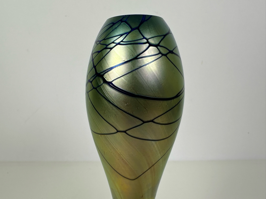 Vintage 1989 Signed Steven Maslach Iridescent Art Glass Bud Vase 11'H