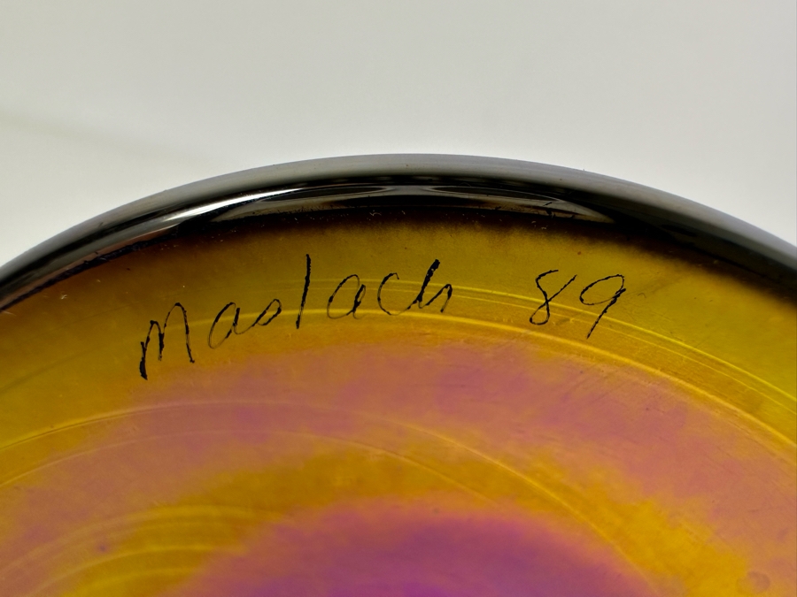 Vintage 1989 Signed Steven Maslach Iridescent Art Glass Bud Vase 11'H [Photo 5]