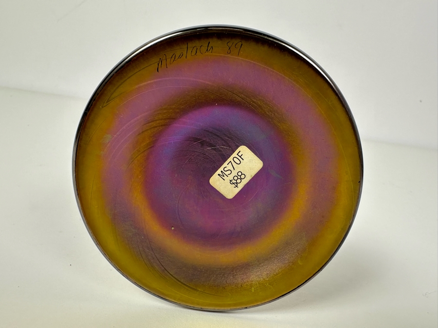 Vintage 1989 Signed Steven Maslach Iridescent Art Glass Bud Vase 11'H [Photo 4]