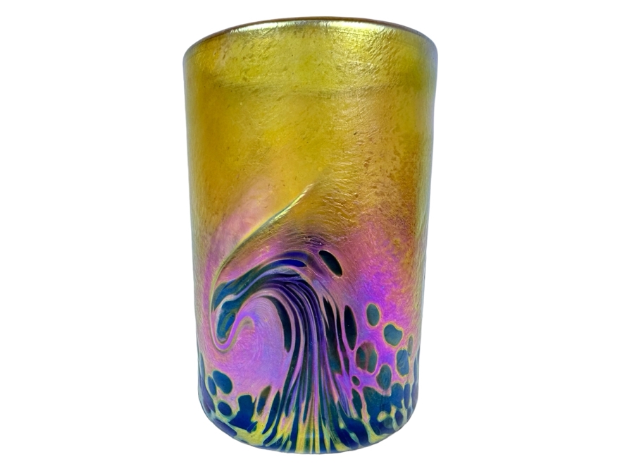 Vintage Signed Saul Alcarez Santa Barbara Art Glass Iridescent Cup With Wave Design 4.75'H [Photo 1]
