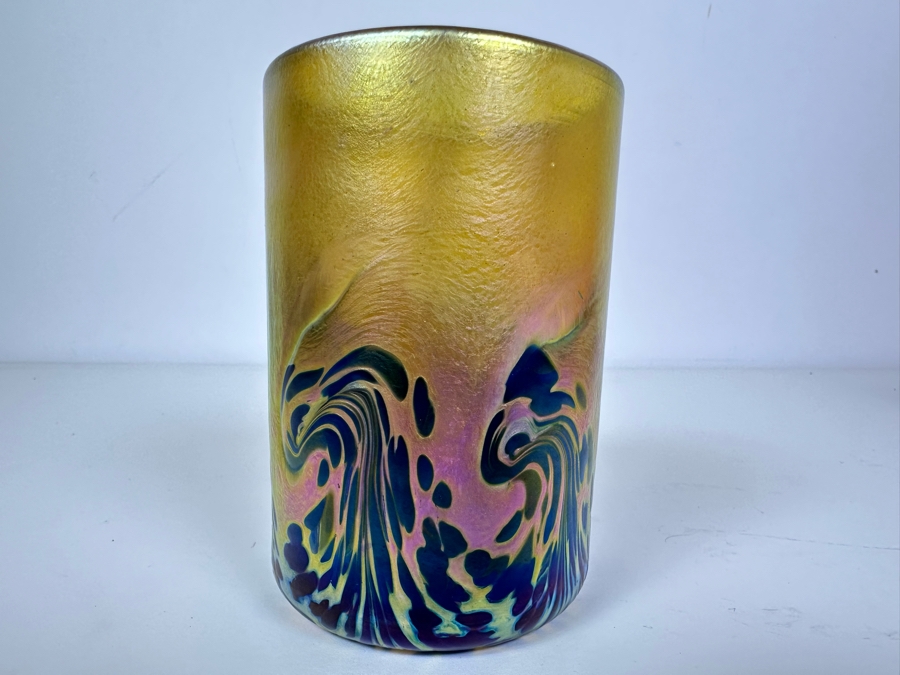 Vintage Signed Saul Alcarez Santa Barbara Art Glass Iridescent Cup With Wave Design 4.75'H [Photo 3]