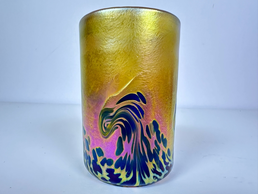 Vintage Signed Saul Alcarez Santa Barbara Art Glass Iridescent Cup With Wave Design 4.75'H [Photo 2]