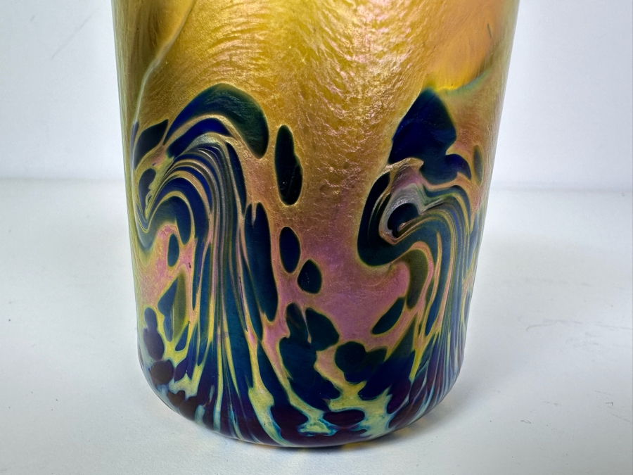 Vintage Signed Saul Alcarez Santa Barbara Art Glass Iridescent Cup With Wave Design 4.75'H [Photo 4]