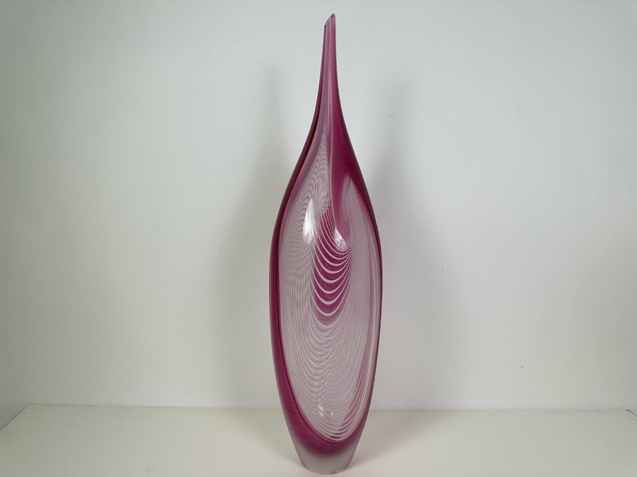 Stunning Large Massimiliano Schiavon Etched Murano Art Glass Vase With Pink Tones Signed 1/1 24'H [Photo 8]