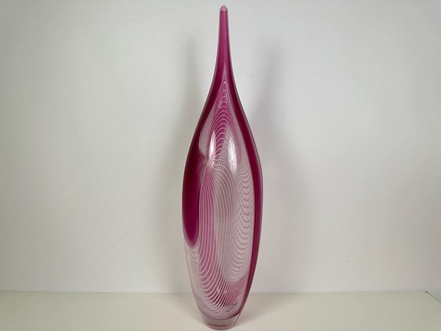 Stunning Large Massimiliano Schiavon Etched Murano Art Glass Vase With Pink Tones Signed 1/1 24'H [Photo 2]