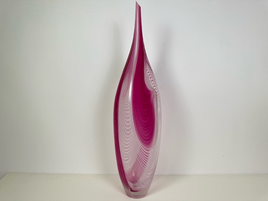 Stunning Large Massimiliano Schiavon Etched Murano Art Glass Vase With Pink Tones Signed 1/1 24'H [Photo 3]