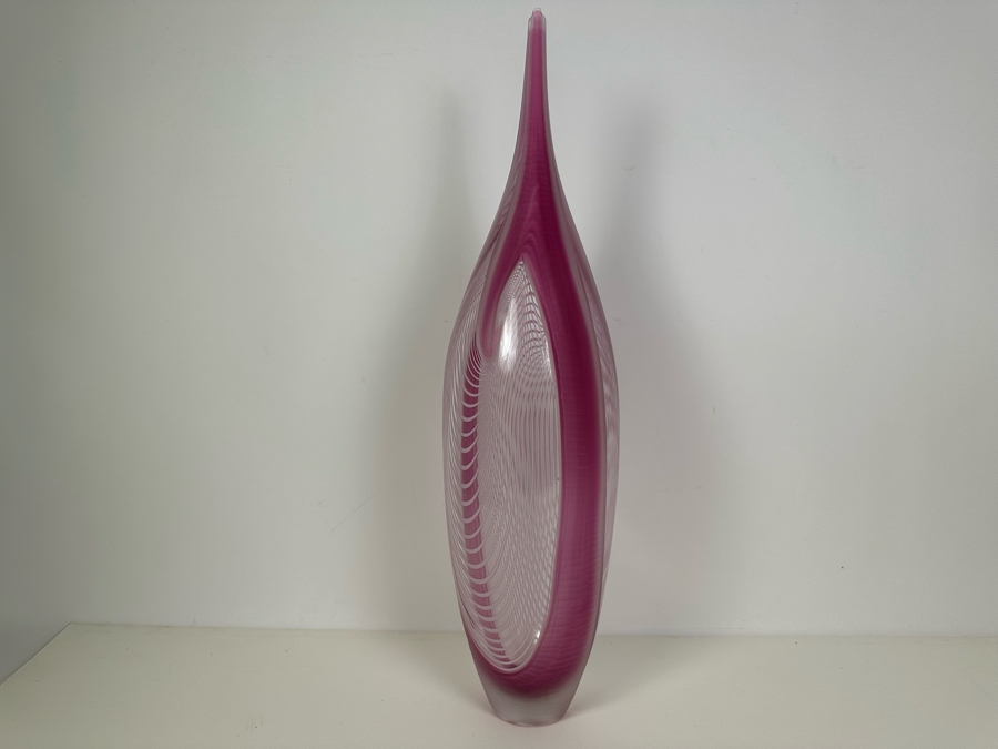 Stunning Large Massimiliano Schiavon Etched Murano Art Glass Vase With Pink Tones Signed 1/1 24'H [Photo 6]