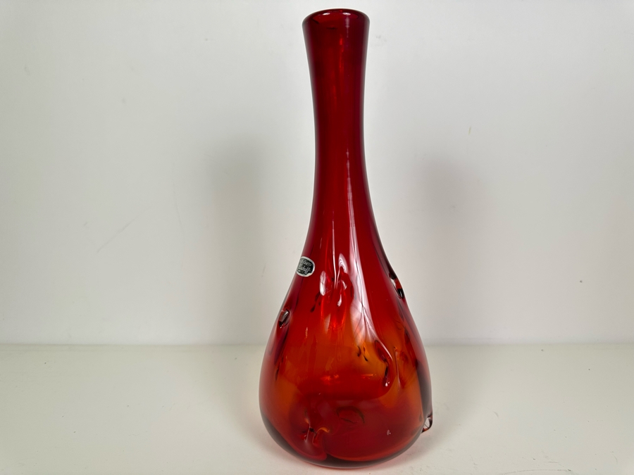 Vintage MCM Bischoff Red Pinched Glass Vase 12.5'H