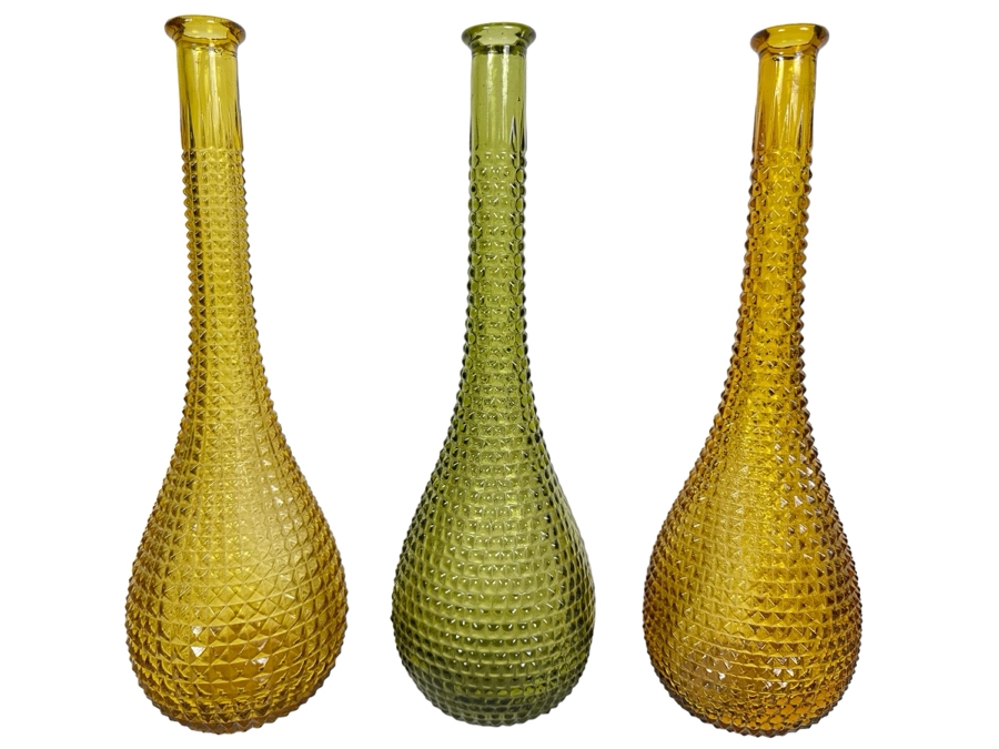 Set Of Three Vintage MCM Empoli Glass Genie Bottles Decanters Italian Glass In Amber & Green 15.25'H [Photo 1]