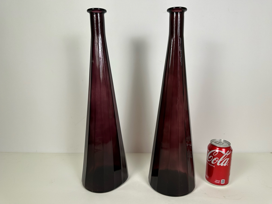 Pair Of Mid-Century Italian Empoli Purple Amethyst Glass Bottles Decanters 18.5'H [Photo 3]