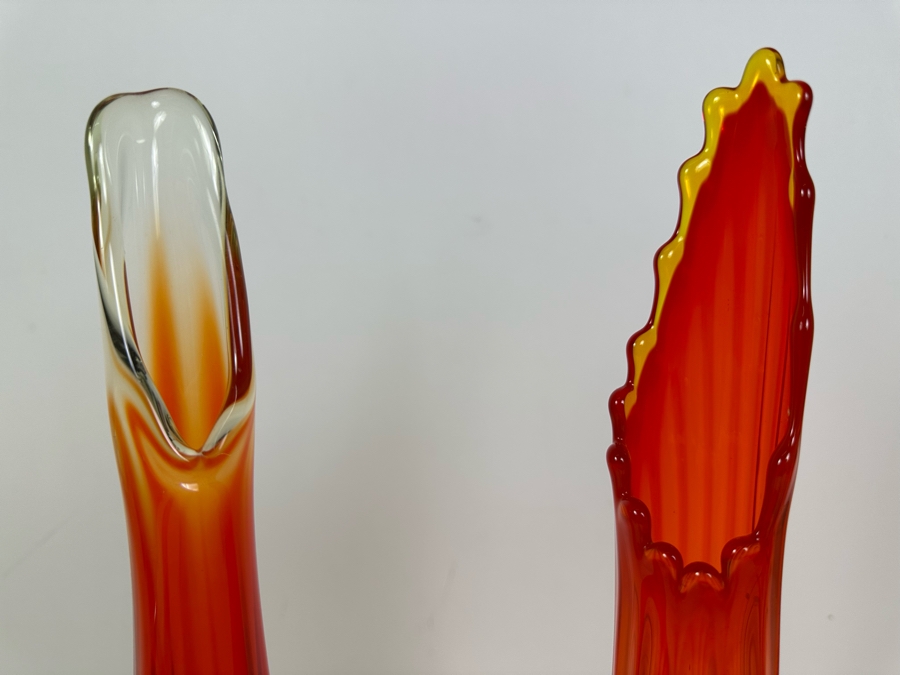 Vintage MCM Viking Glass Amberina Swung Vase (L) And Fenton Glass Amberina Swung Vase (R) 15.5'H [Photo 2]