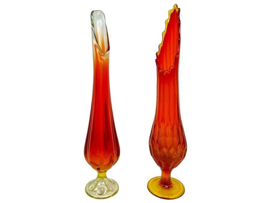Vintage MCM Viking Glass Amberina Swung Vase (L) And Fenton Glass Amberina Swung Vase (R) 15.5'H [Photo 1]